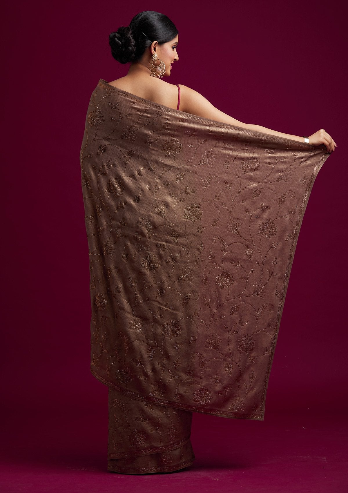 Light Brown Swarovski Shimmer Designer Saree - koskii