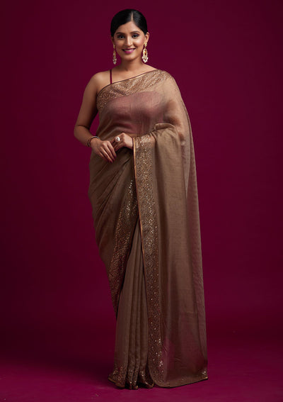 Light Brown Swarovski Tissue Designer Saree - koskii