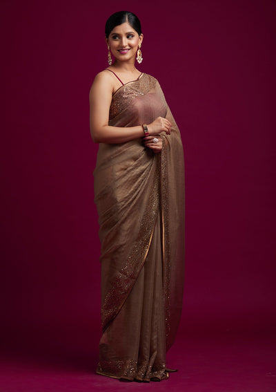 Light Brown Swarovski Tissue Designer Saree - koskii