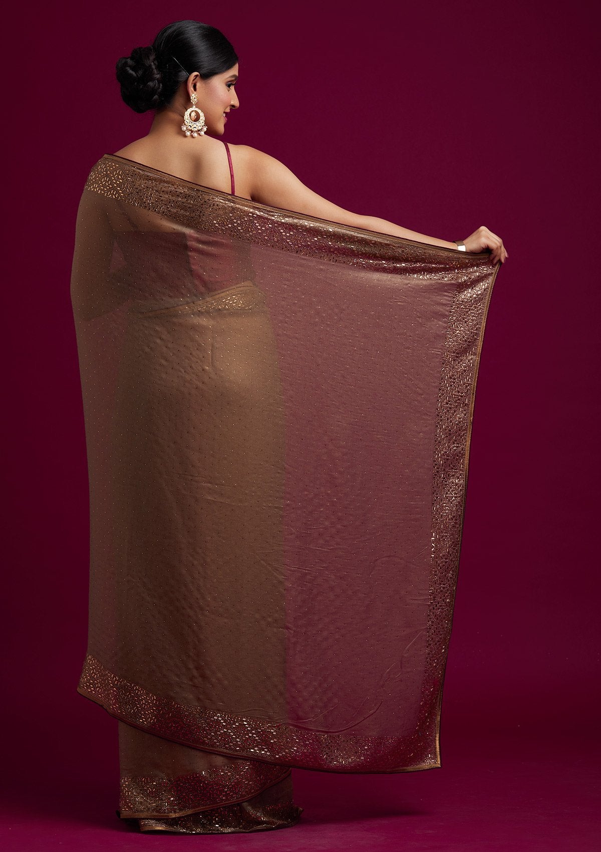 Light Brown Swarovski Tissue Designer Saree - koskii