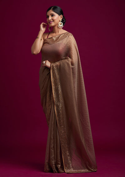 Light Brown Swarovski Tissue Designer Saree - koskii
