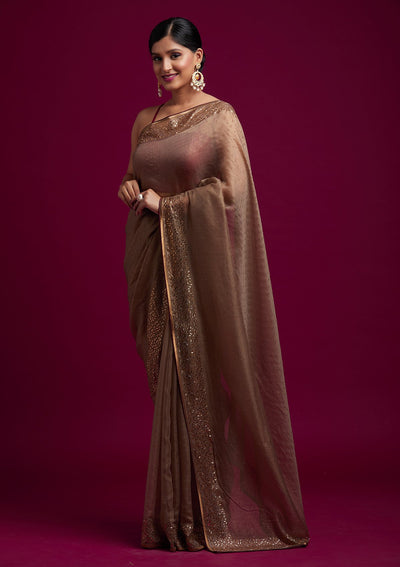 Light Brown Swarovski Tissue Designer Saree - koskii