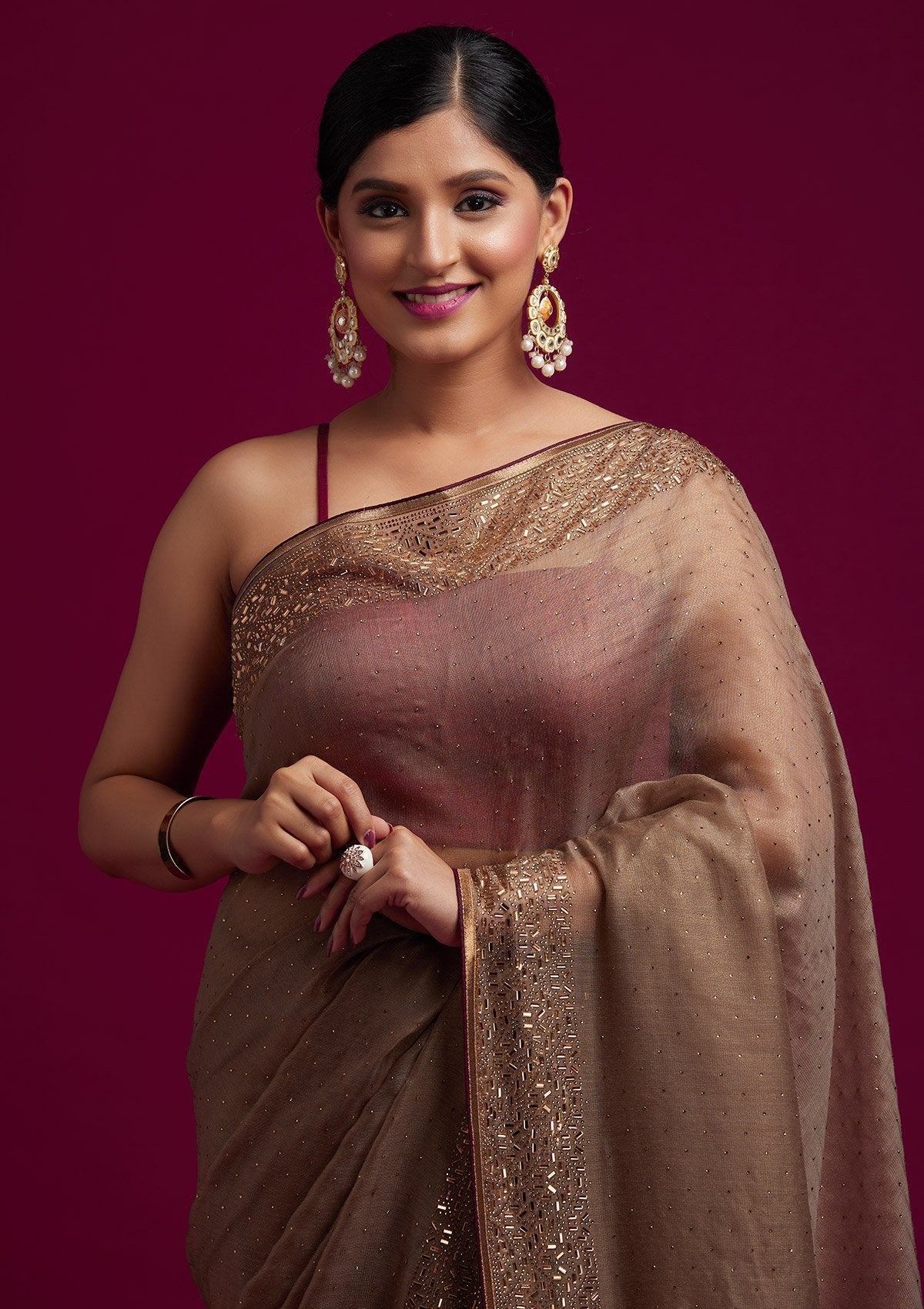 Light Brown Swarovski Tissue Designer Saree - koskii