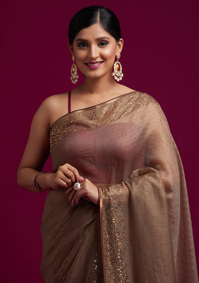 Light Brown Swarovski Tissue Designer Saree - koskii
