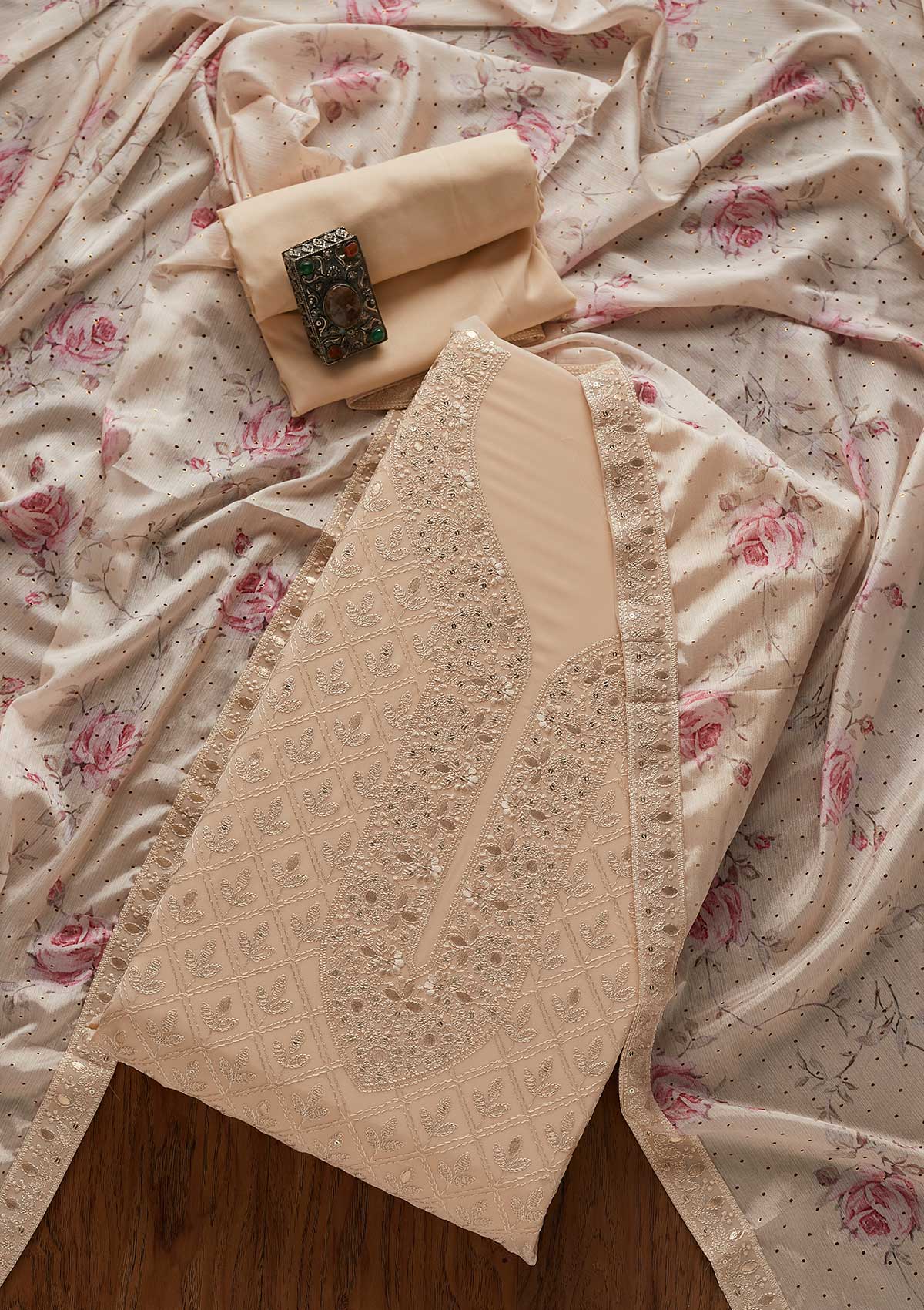 Light Brown Threadwork Georgette Designer Unstitched Salwar Suit - koskii