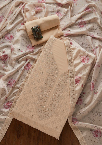 Light Brown Threadwork Georgette Designer Unstitched Salwar Suit - koskii