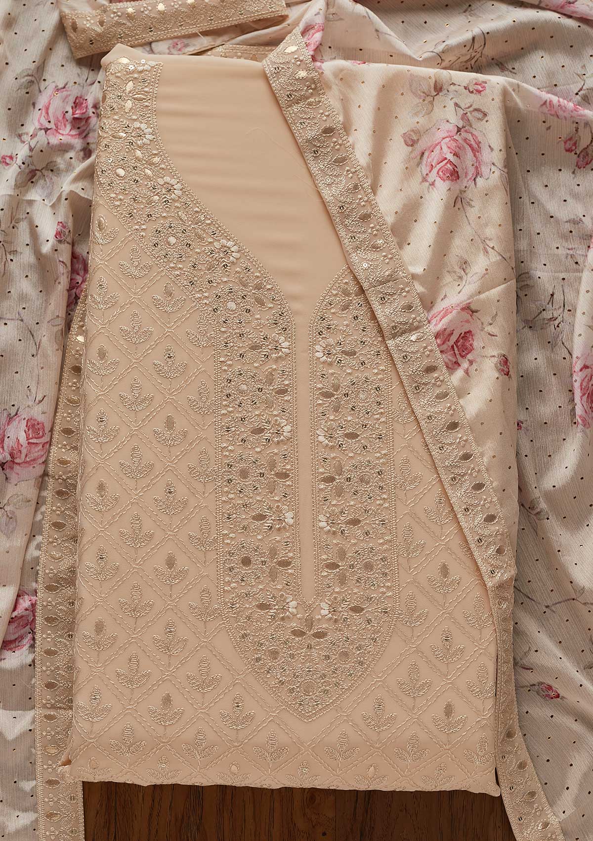 Light Brown Threadwork Georgette Designer Unstitched Salwar Suit - koskii
