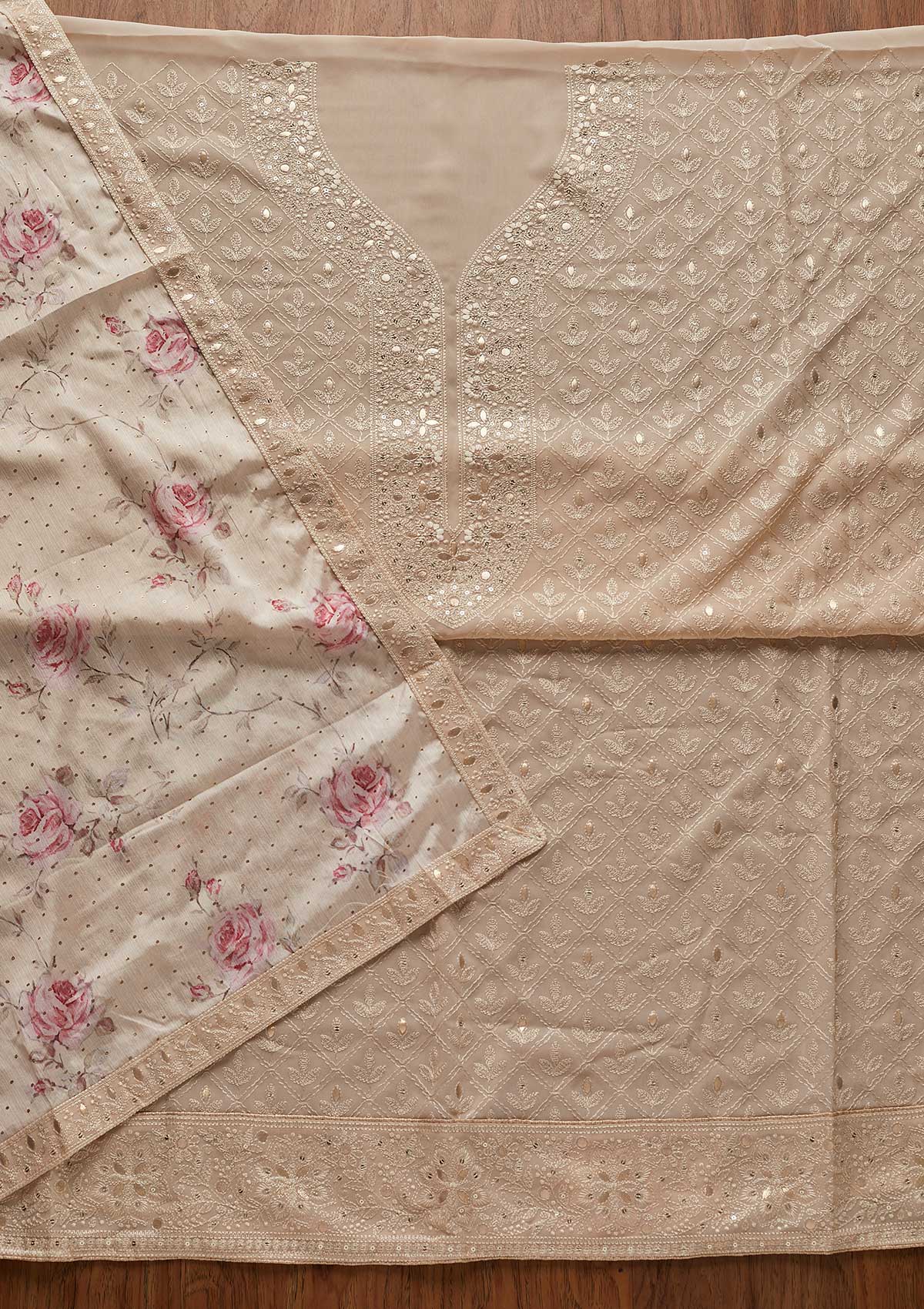 Light Brown Threadwork Georgette Designer Unstitched Salwar Suit - koskii