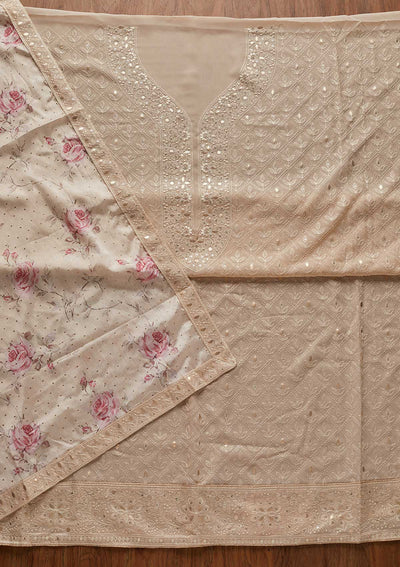 Light Brown Threadwork Georgette Designer Unstitched Salwar Suit - koskii