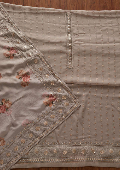 Light Brown Threadwork Georgette Designer Unstitched Salwar Suit - koskii