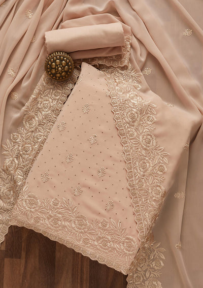 Light Brown Threadwork Georgette  Unstitched Salwar Suit- Koskii