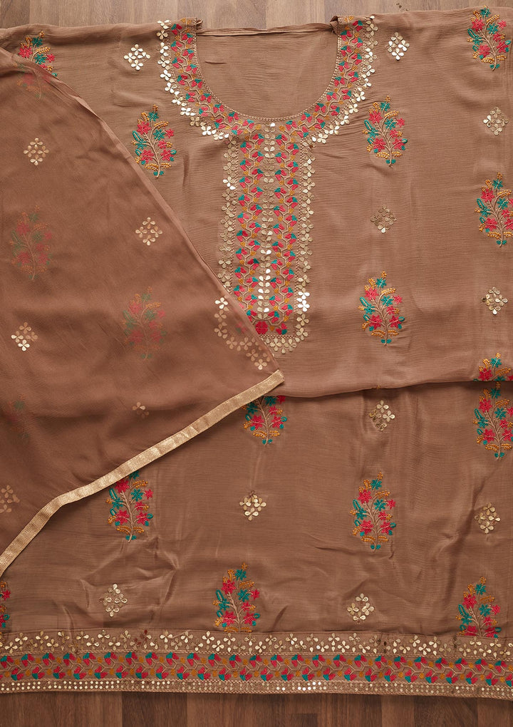 Light Brown Threadwork Semi Crepe Designer Unstitched Salwar Suit - Koskii