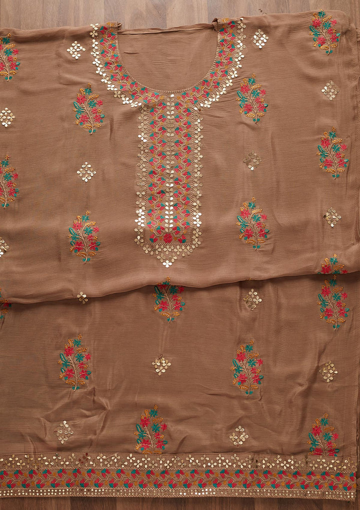 Light Brown Threadwork Semi Crepe Designer Unstitched Salwar Suit - Koskii