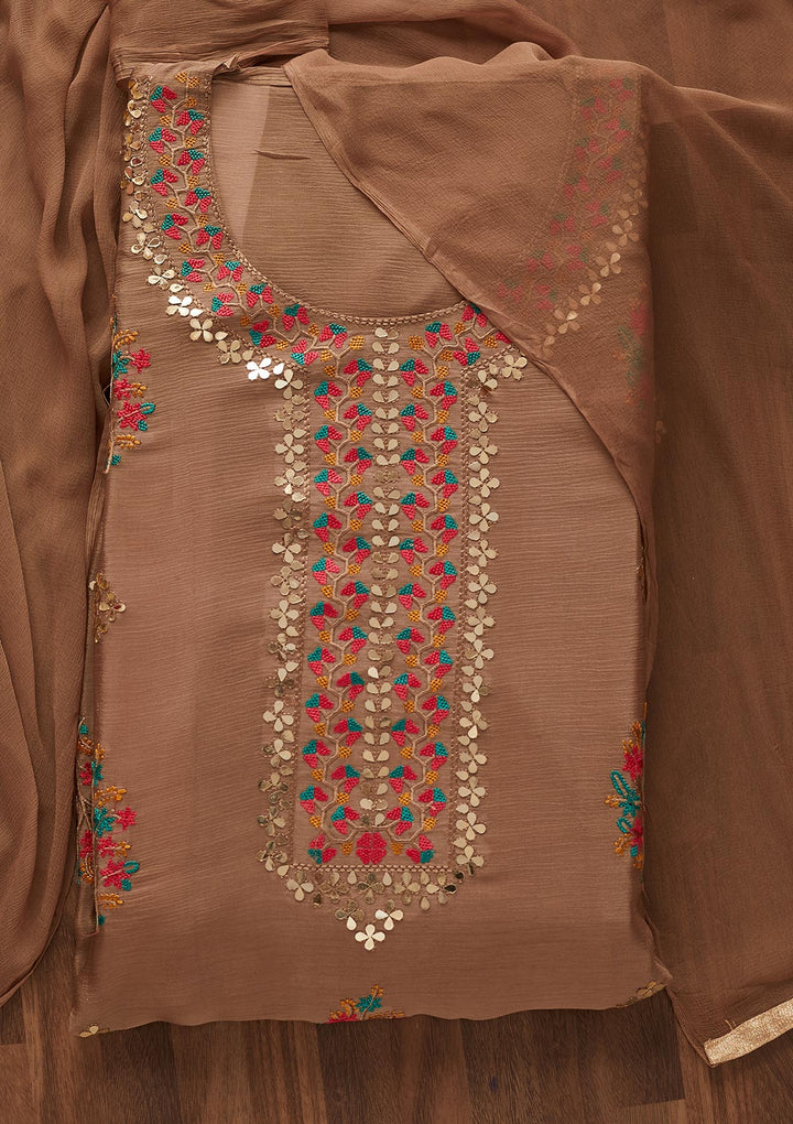 Light Brown Threadwork Semi Crepe Designer Unstitched Salwar Suit - Koskii