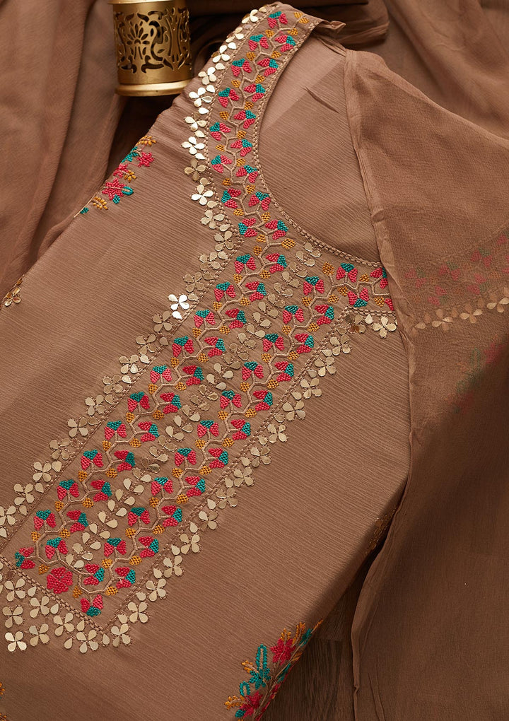 Light Brown Threadwork Semi Crepe Designer Unstitched Salwar Suit - Koskii