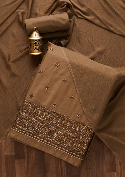 Light Brown Zariwork Chanderi Designer Unstitched Salwar Suit - Koskii