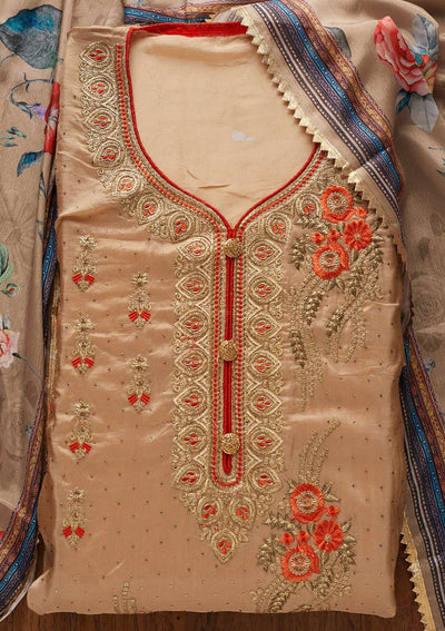 Light Brown Zariwork Semi Crepe Designer Semi-Stitched Salwar Suit - koskii