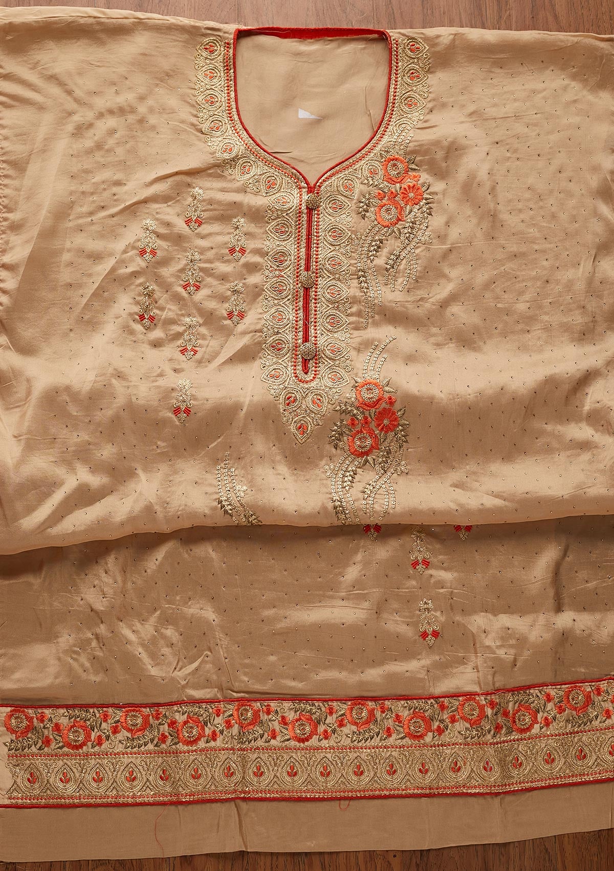 Light Brown Zariwork Semi Crepe Designer Semi-Stitched Salwar Suit - koskii
