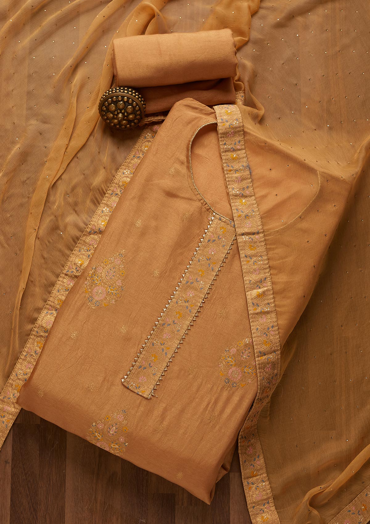Light Brown Zariwork Semi Crepe Unstitched Salwar Suit - Koskii