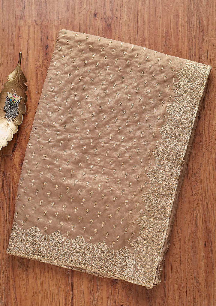 Light Brown Zariwork Shimmer Designer Saree - koskii