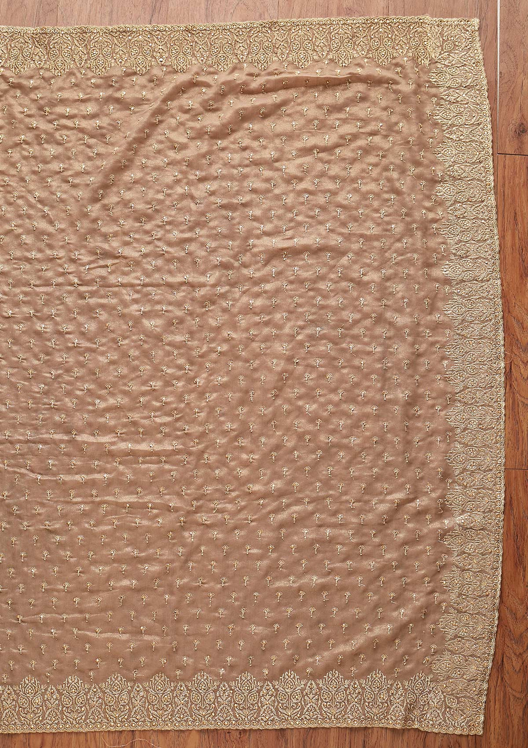 Light Brown Zariwork Shimmer Designer Saree - koskii