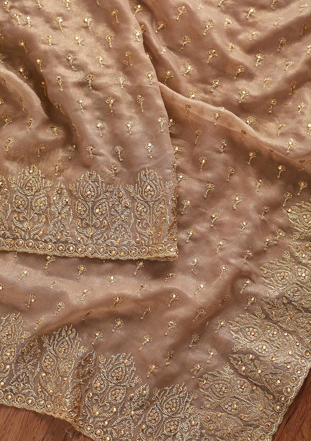 Light Brown Zariwork Shimmer Designer Saree - koskii