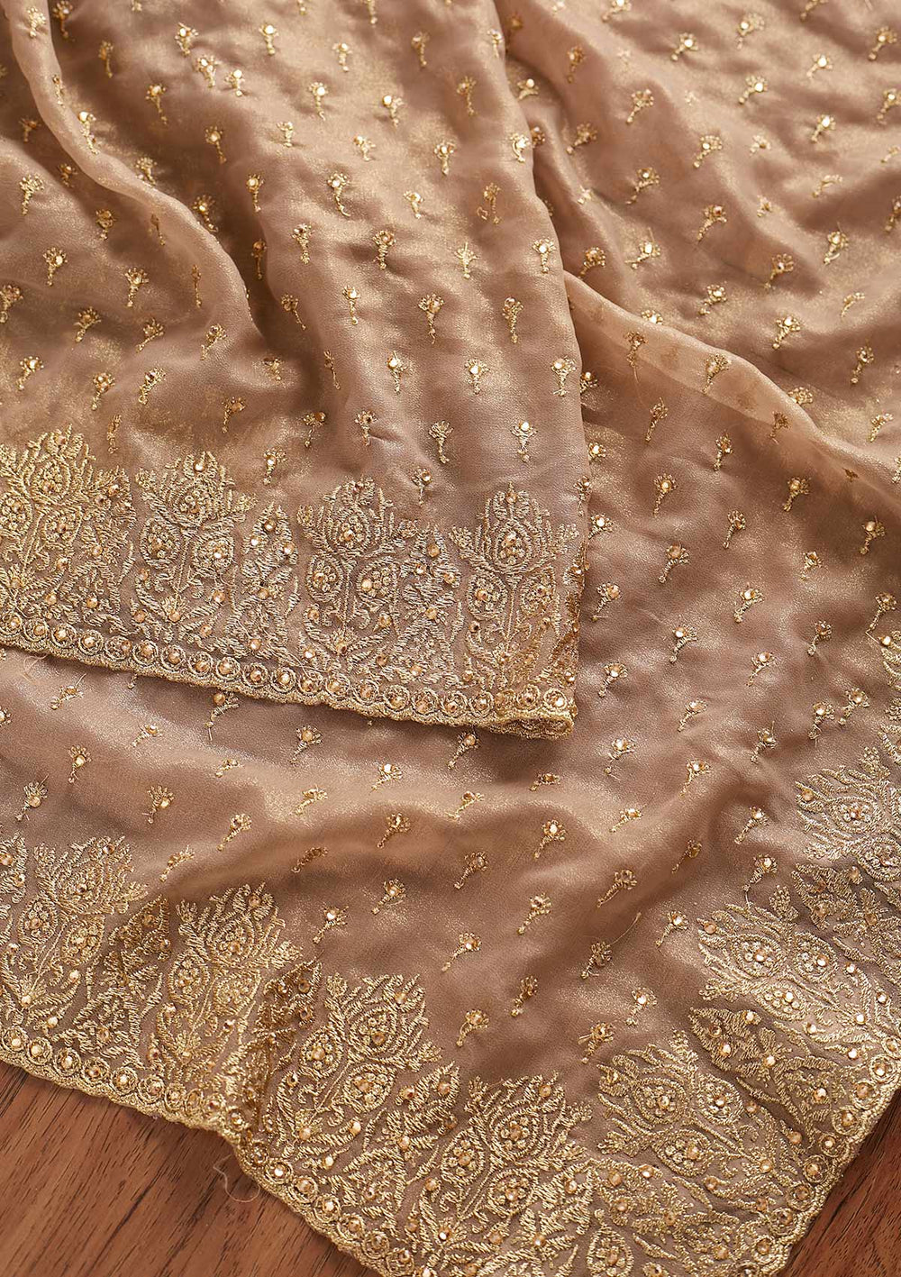 Light Brown Zariwork Shimmer Designer Saree - koskii