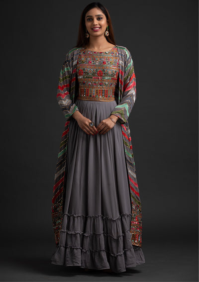 Light Grey Chikankari Georgette Designer Gown - koskii