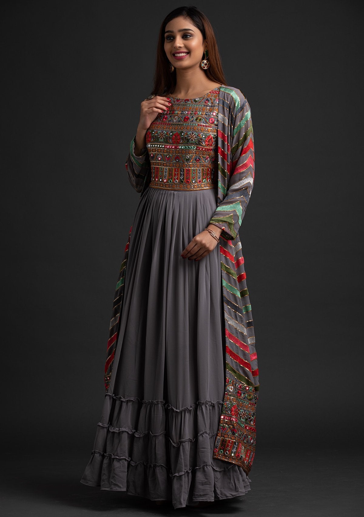 Light Grey Chikankari Georgette Designer Gown - koskii