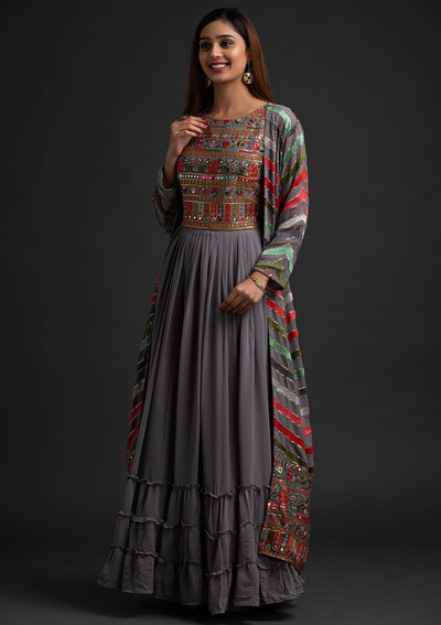 Light Grey Chikankari Georgette Designer Gown - koskii