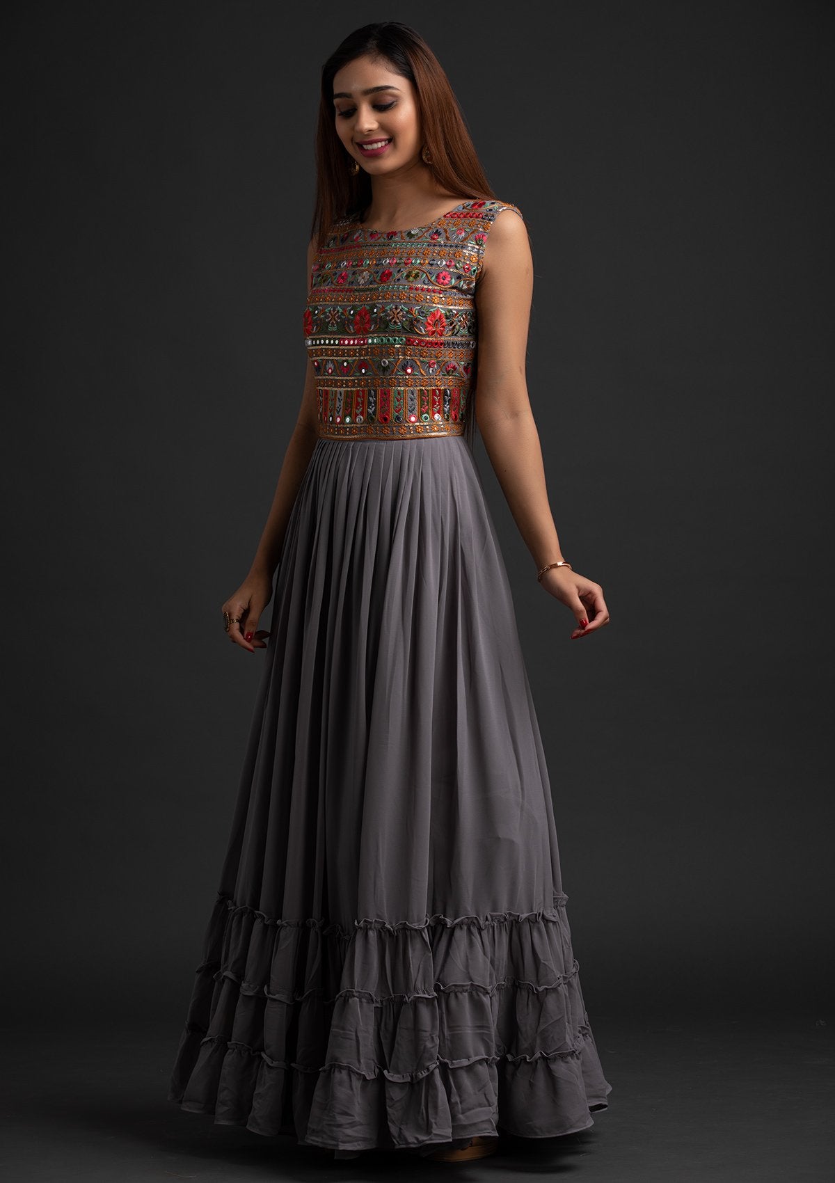 Light Grey Chikankari Georgette Designer Gown - koskii