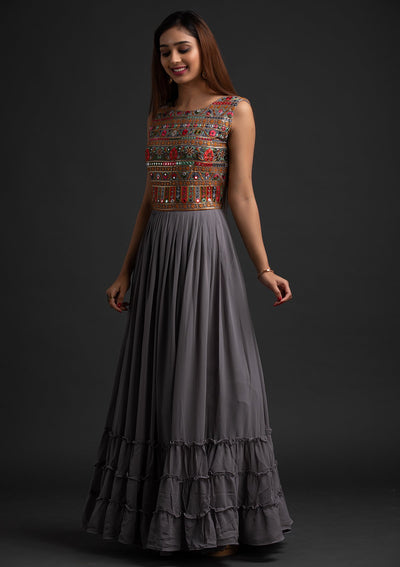 Light Grey Chikankari Georgette Designer Gown - koskii