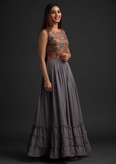 Light Grey Chikankari Georgette Designer Gown - koskii