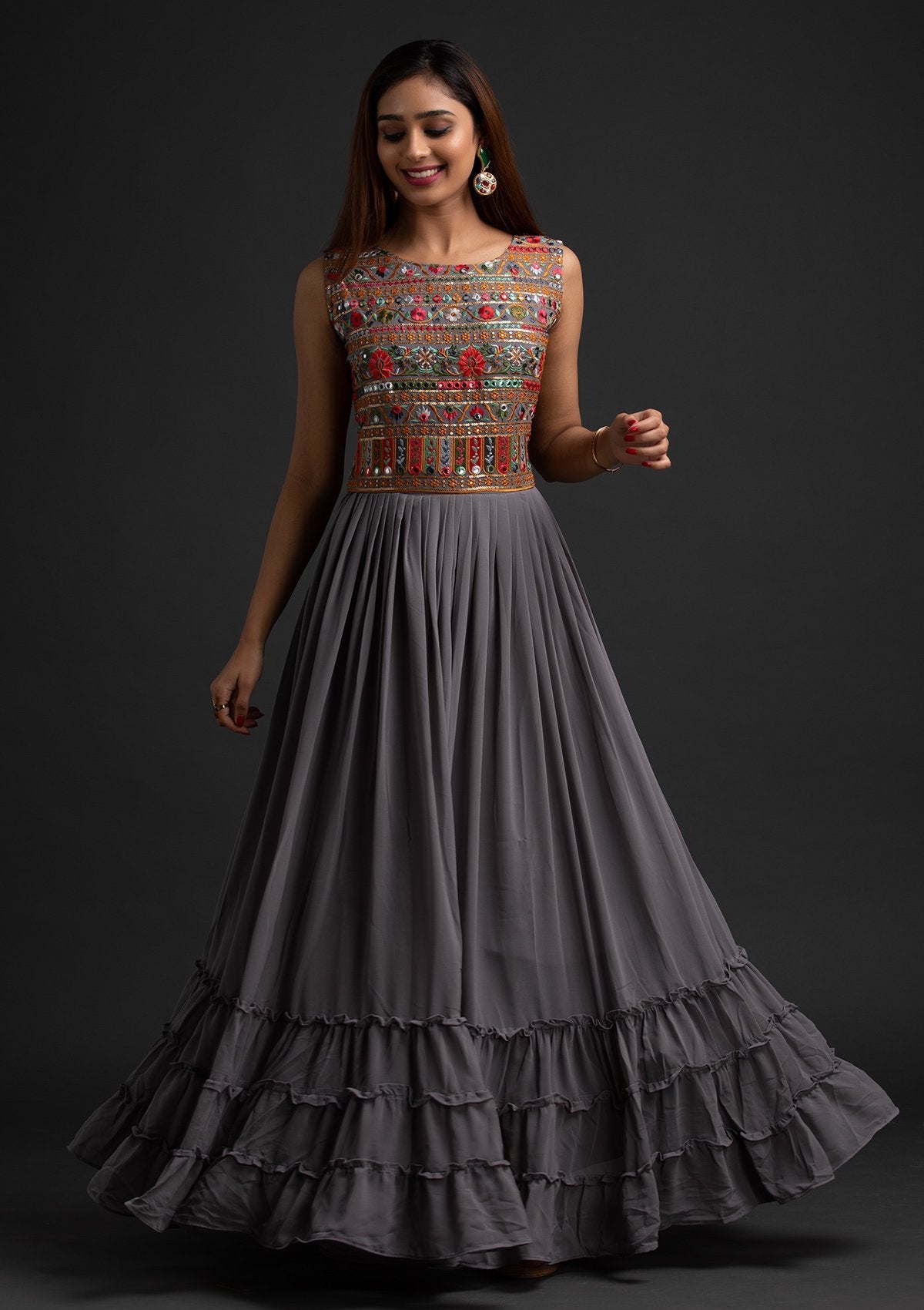 Light Grey Chikankari Georgette Designer Gown - koskii