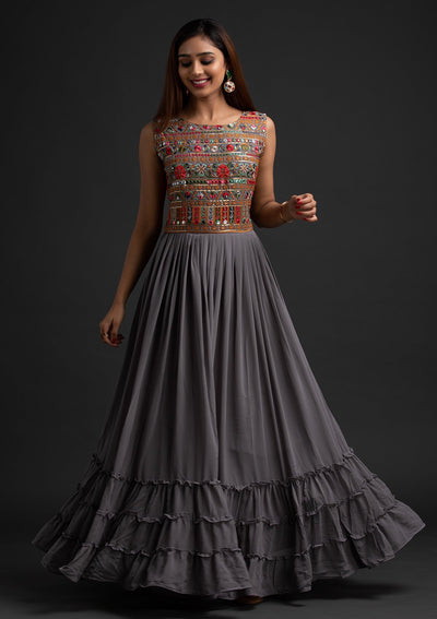 Light Grey Chikankari Georgette Designer Gown - koskii