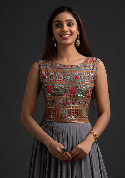 Light Grey Chikankari Georgette Designer Gown - koskii