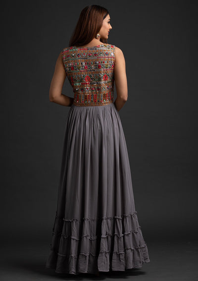 Light Grey Chikankari Georgette Designer Gown - koskii