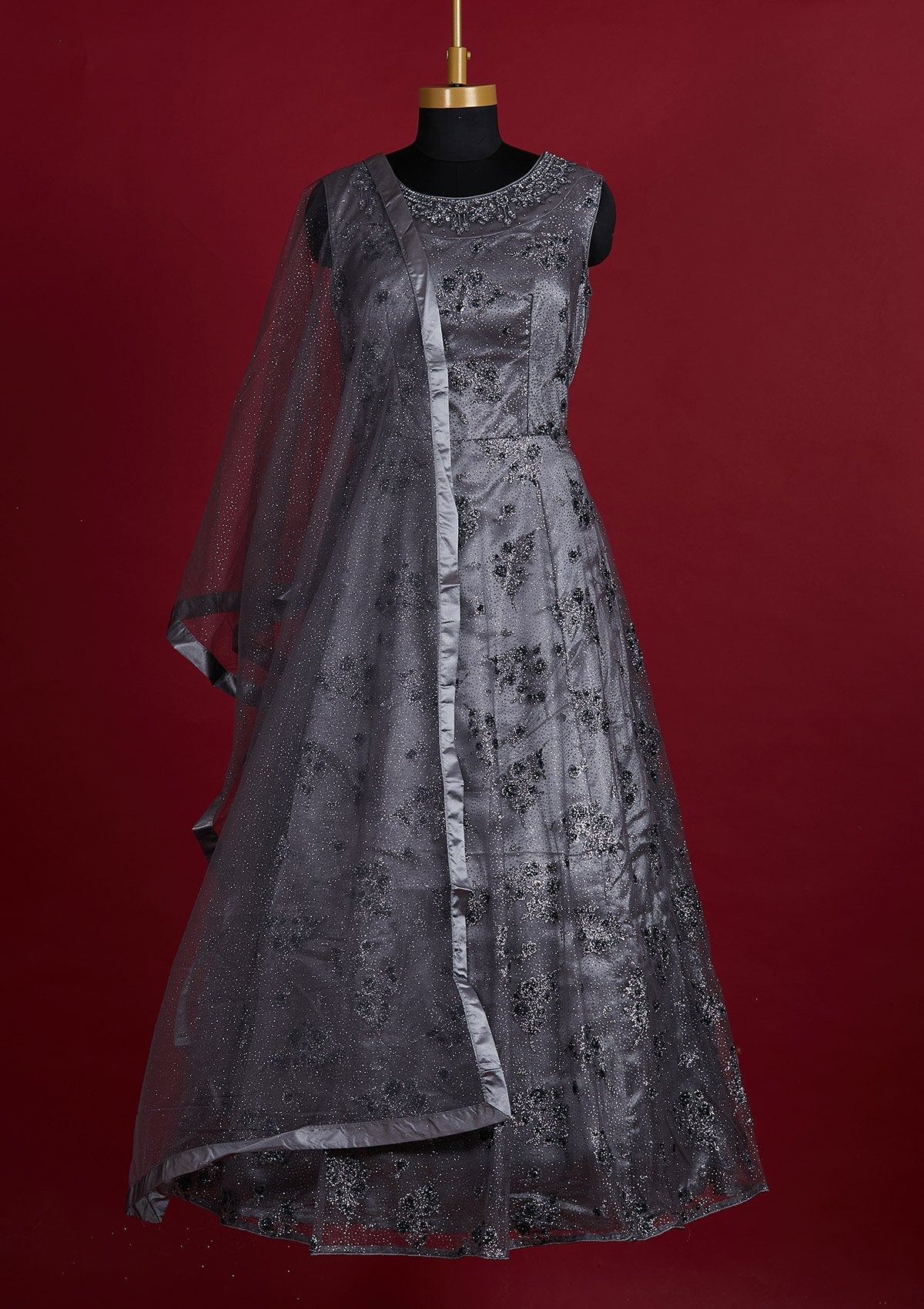 Light Grey Glitter Net Designer Gown - Koskii
