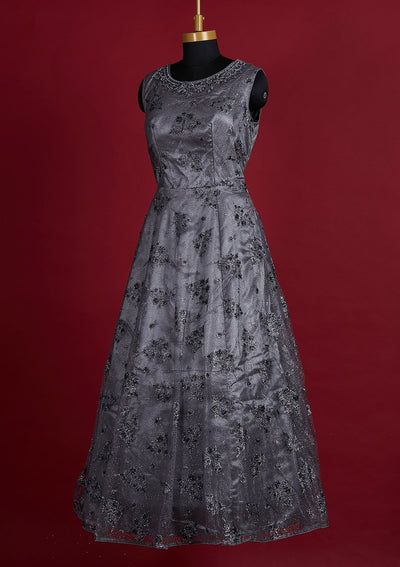 Light Grey Glitter Net Designer Gown - Koskii