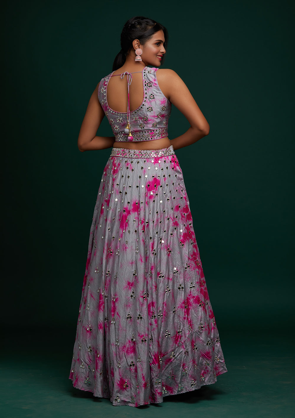Light Grey Mirrorwork Art Silk Designer Lehenga - Koskii