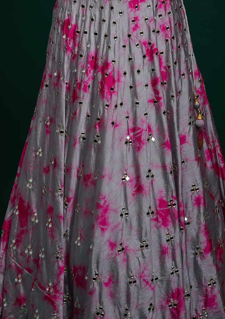 Light Grey Mirrorwork Art Silk Designer Lehenga - Koskii