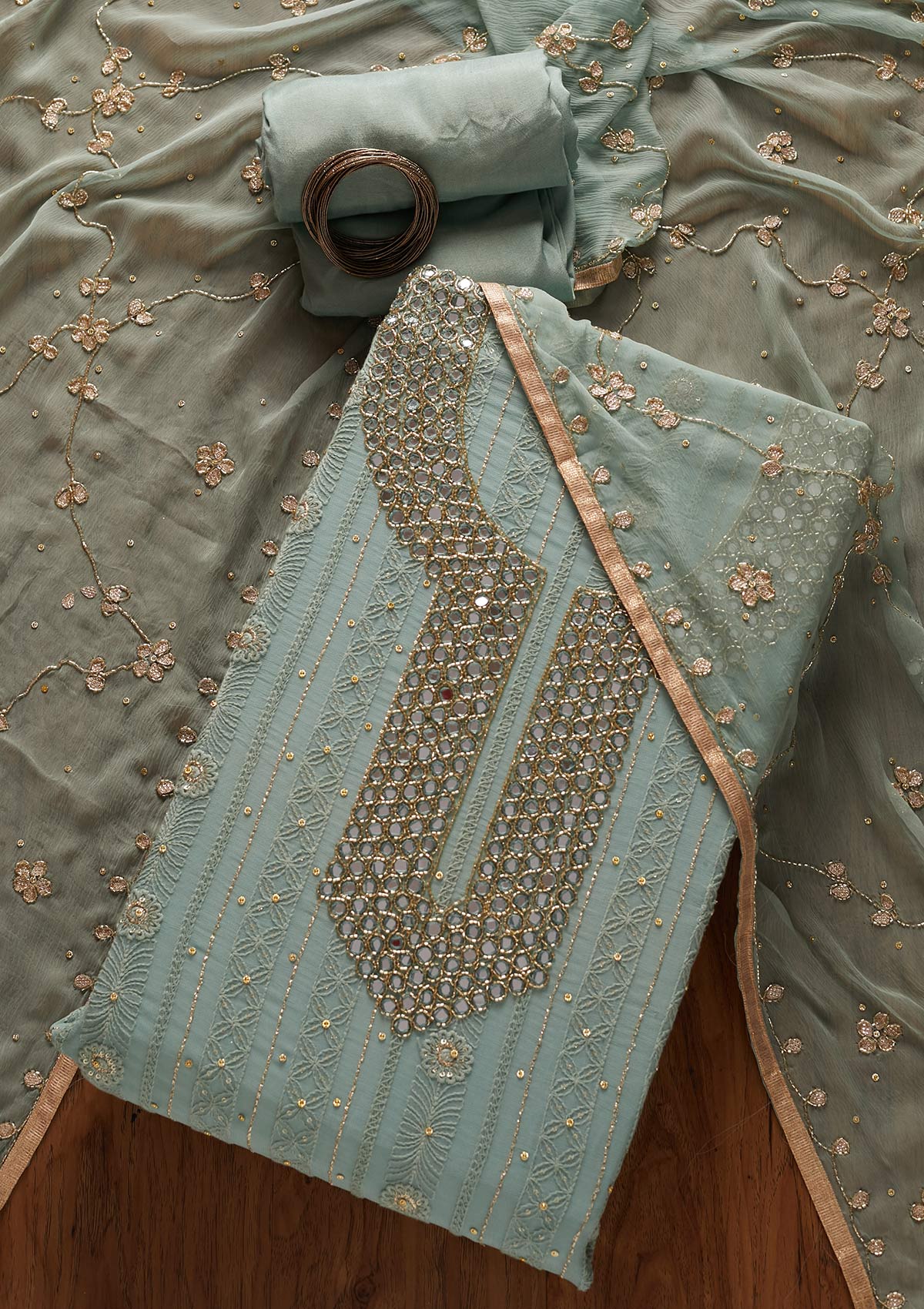 Light Grey Mirrorwork Georgette Designer Semi-Stitched Salwar Suit - koskii