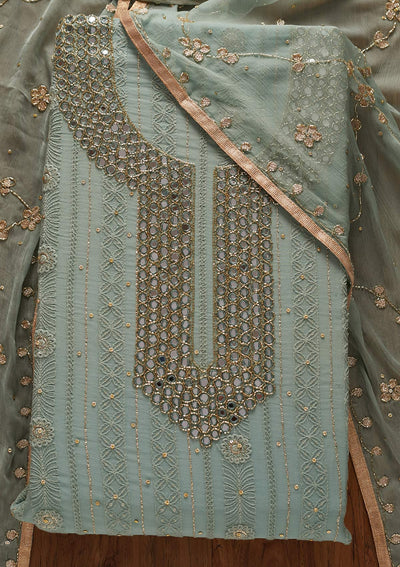 Light Grey Mirrorwork Georgette Designer Semi-Stitched Salwar Suit - koskii
