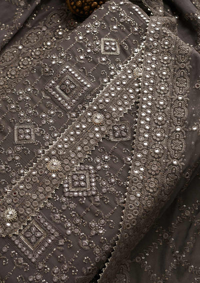 Light Grey Mirrorwork Georgette Designer Unstitched Salwar Suit - Koskii
