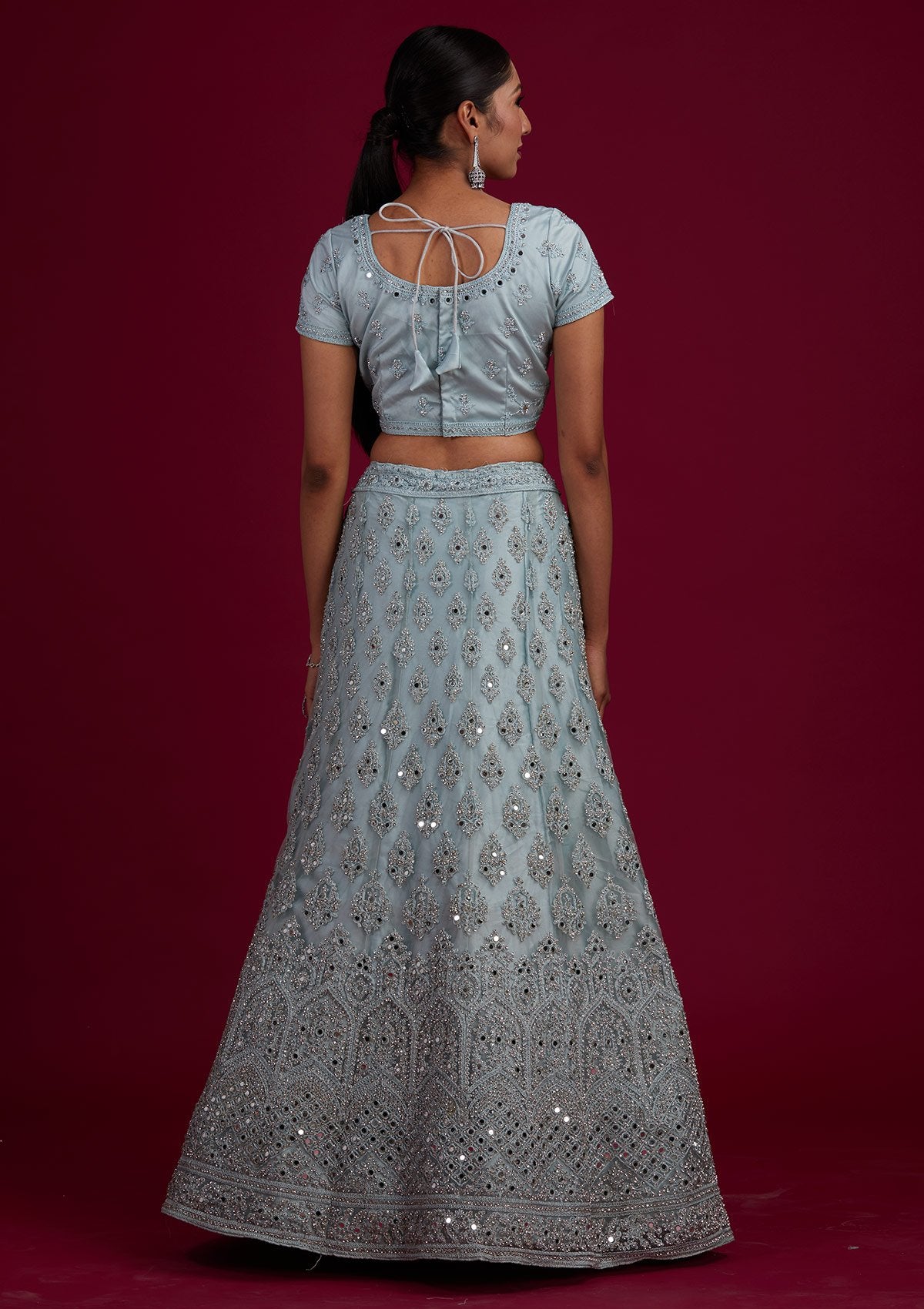 Light Grey Mirrorwork Net Designer Semi-Stitched Lehenga - Koskii