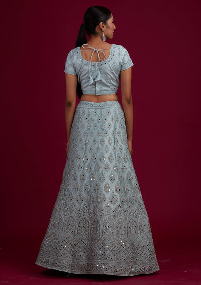Light Grey Mirrorwork Net Designer Semi-Stitched Lehenga - Koskii