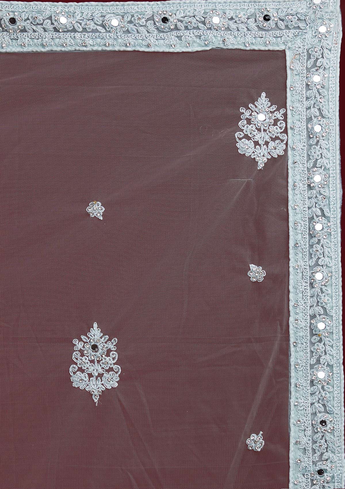 Light Grey Mirrorwork Net Designer Semi-Stitched Lehenga - Koskii