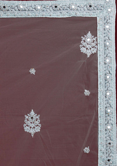Light Grey Mirrorwork Net Designer Semi-Stitched Lehenga - Koskii