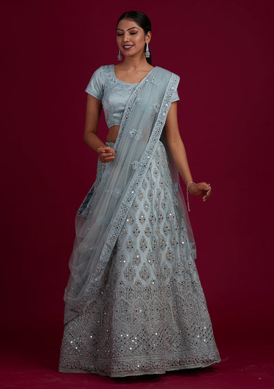 Light Grey Mirrorwork Net Designer Semi-Stitched Lehenga - Koskii