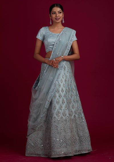 Light Grey Mirrorwork Net Designer Semi-Stitched Lehenga - Koskii